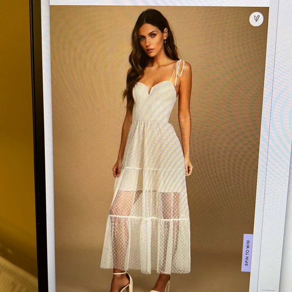 Lulus romantic spot cream polka dot mesh tiered midi dress
